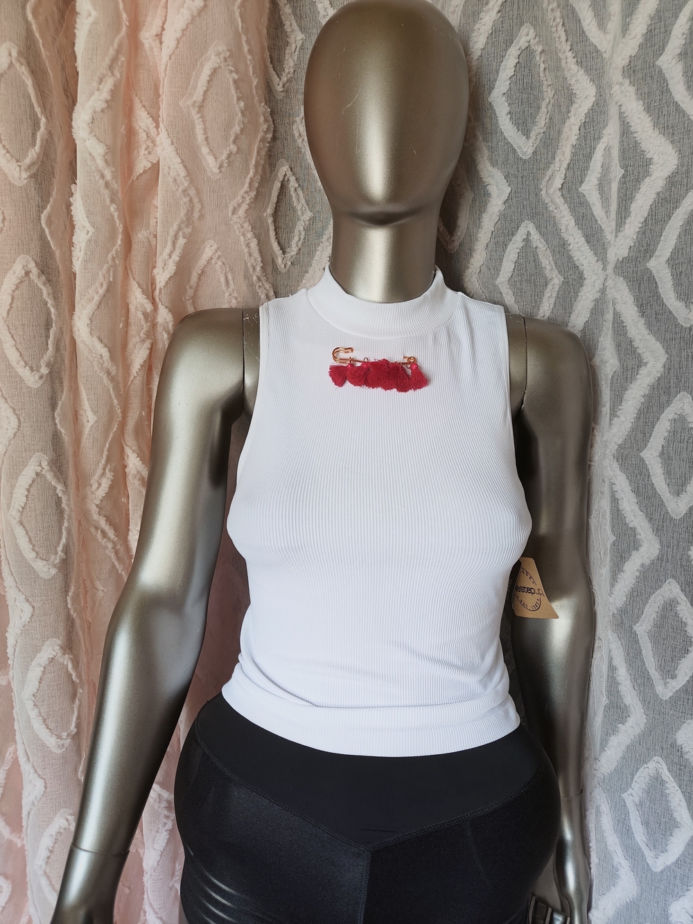 White Ribbed Mock Neck Tank Top with Rose pink Accent